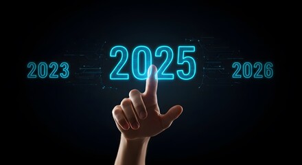 Countdown 2024 to 2025, Hand Selecting 2025 on Futuristic Interface.

