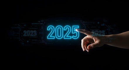 Countdown 2024 to 2025, Hand Selecting 2025 on Futuristic Interface.

