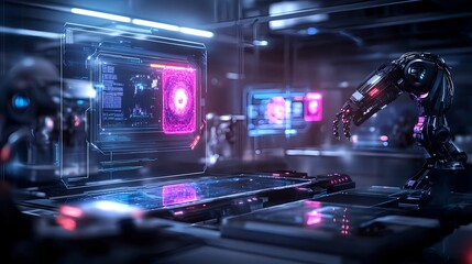 futuristic robot arm & holographic interface - cyberpunk aesthetic