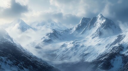 Obraz premium Majestic Winter Mountain Range, Snow-Covered Peaks and Cloudy Sky