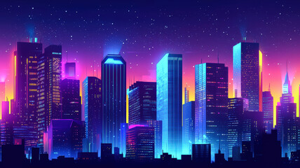 Vibrant city skyline at dusk with glowing lights and bold colors, creating a dynamic and energetic backdrop perfect for an urban development or real estate flyer.
