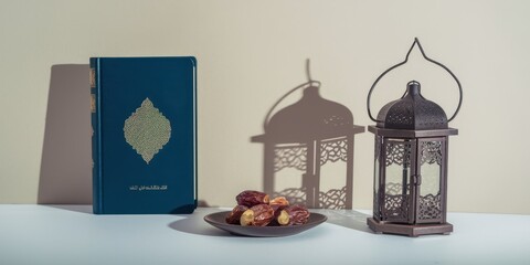 Islamic holy book dates and lantern arranged aesthetically