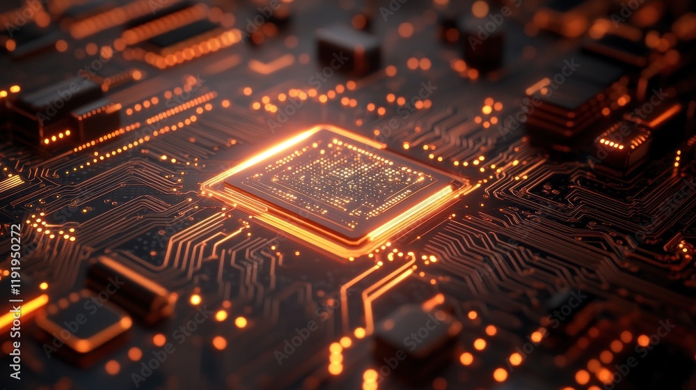 Poster illuminated cpu on a circuit board.