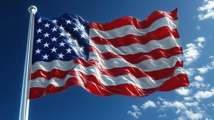 Fototapeta premium American Flag Waving in Blue Sky