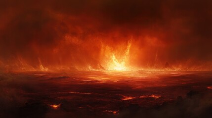 Fiery apocalyptic landscape with intense flames and dark sky.