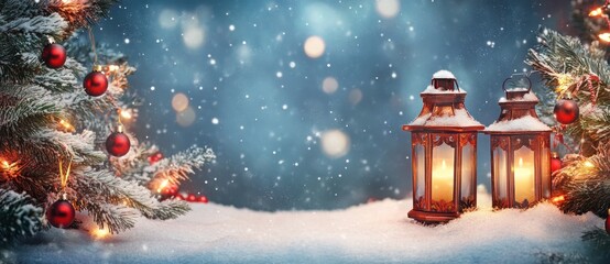 Fototapeta premium Winter Wonderland: Festive Lanterns & Christmas Tree