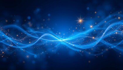 Sparkling Golden Stars on a Flowing Blue Background: A Magical Night-Themed Abstract Design