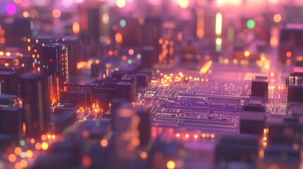 Futuristic city lights on a circuit board.