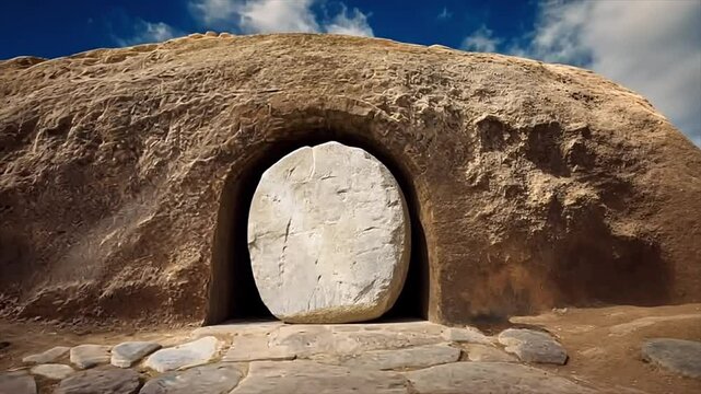 A sealed stone tomb carved into rock with a massive circular stone at the entrance, evoking historical and biblical themes.