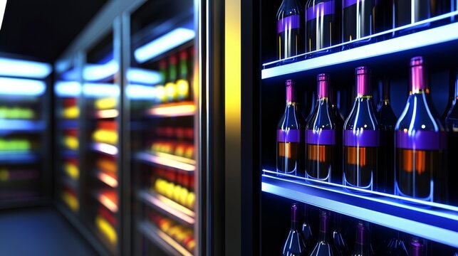 A display of wine bottle in a modern refrigeration unit, showcasing beverage options.