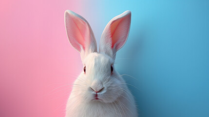 Obraz premium White rabbit against pastel pink and blue Easter background