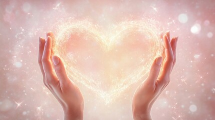 Fototapeta premium Gentle hands cradling a radiant heart of light. A symbol of love, hope, and care.