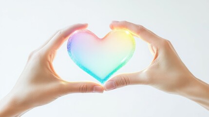 Obraz premium Rainbow heart held gently in hands. Symbol of love, hope, and inclusivity.