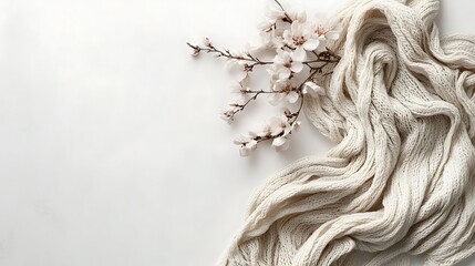 Naklejka premium Spring blossoms and knit fabric on white background; website header, blog post