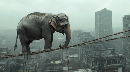 Naklejka premium Elephant on a Tightrope above a Cityscape