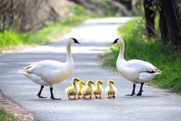 Obraz premium Two white geese with yellow chicks walking along the road, goslings and adult geese on the gravel path, green grass background.