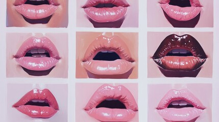 Clean grid of lips with natural pink and glossy tones, variations in texture, and soft lighting, focusing sharply on each subject.