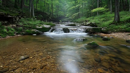 Fototapeta premium Serene forest stream flowing gently through rocks. Peaceful nature scene for travel brochures