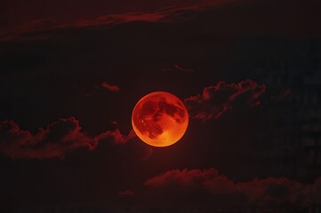 Fiery Blood Moon Rising Through Dark Clouds