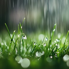 Close-up of rain falling on snowdrop flowers with green grass in the background, soft lighting, shallow depth of field, rainy spring day.