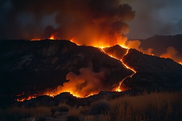 Fototapeta premium Intense Wildfire Burning Across Hills With Dark Smoke And Bright Flames At Night
