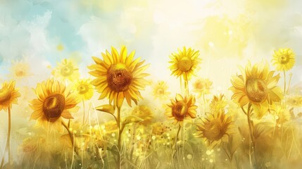 Obraz premium A vibrant field of sunflowers basking in warm sunlight, creating a serene, uplifting atmosphere.