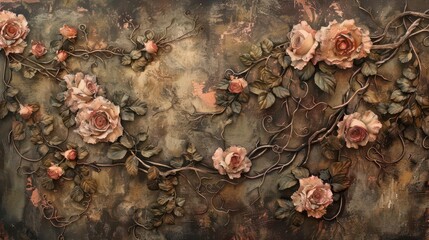 A textured artwork featuring roses intertwined with vines against a muted background.