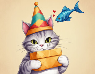 A playful gray cat wearing a party hat holding a gift box with a cartoon fish floating above.