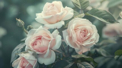 A close-up of delicate pink roses surrounded by lush green leaves, evoking beauty and tranquility.