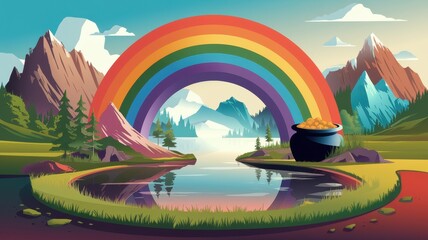 Rainbow Over Mountains Lake And Gold
