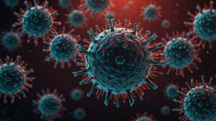 Viral virus particles floating in space showing complex structures and colors during a scientific study on infectious diseases