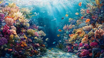 Fototapeta premium Vibrant Underwater Coral Reef Seascape with Colorful Fish