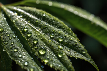 Close-up view of vibrant green leaves covered with dew droplets in a natural setting during early morning hours