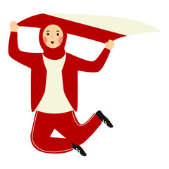 Indonesian Hijab Women Holding Indonesian Flag. Vector Illustration in Cartoon Style.