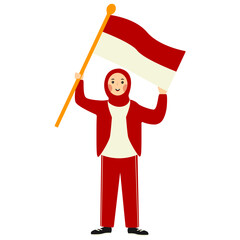 Indonesian Hijab Women Holding Indonesian Flag. Vector Illustration in Cartoon Style.