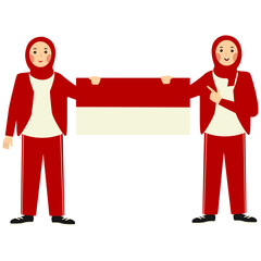 Indonesian Hijab Women Holding Indonesian Flag. Vector Illustration in Cartoon Style.