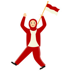 Indonesian Hijab Women Holding Indonesian Flag. Vector Illustration in Cartoon Style.
