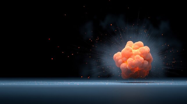 Glowing orange sphere explodes dramatically against dark background Intense light illuminates swirling smoke particles. AI Generated