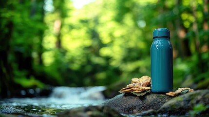 A water bottle next to snacks by a stream in a lush green forest setting.