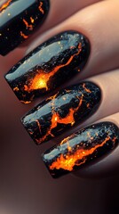 Factory-inspired welding nail art with molten metal drip effects, glowing orange sparks, and polished iron textures.