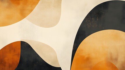 Abstract Beige Black and Orange Curving Shapes Artwork