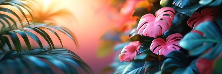 Tropical Paradise: Pink Monstera Deliciosa and Lush Greenery at Sunset