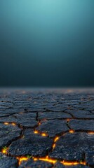 Obraz premium Cracked earth glows mysteriously under a dark teal sky. AI Generated