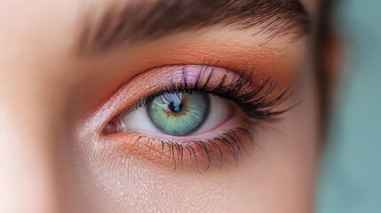 Obraz premium Close-up of a beautifully detailed eye with vibrant colors and makeup.