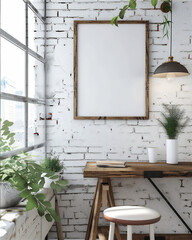 Empty poster frame for mock up on the wall over flower, version 1