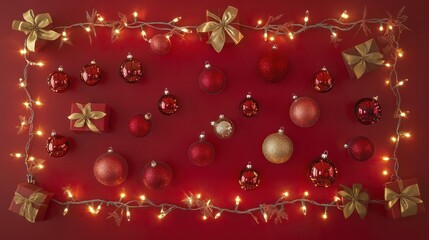 Obraz premium Festive flat lay design with shimmering Christmas baubles, fairy lights, and gift bows on a classic red background.