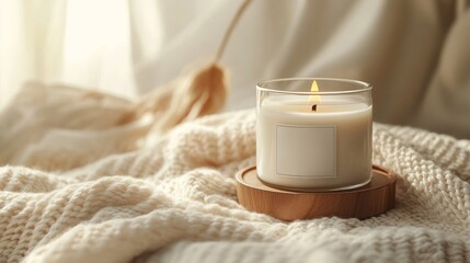 White candle, beige color background, cozy place