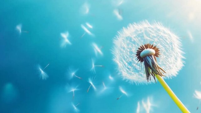 A close up of a dandelion with many seeds floating in the air. Concept of freedom and possibility, as the seeds are carried away by the wind to new locations. The bright blue sky