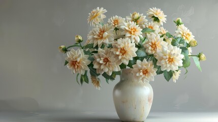 A bouquet of cream-colored flowers in a simple vase against a soft background.