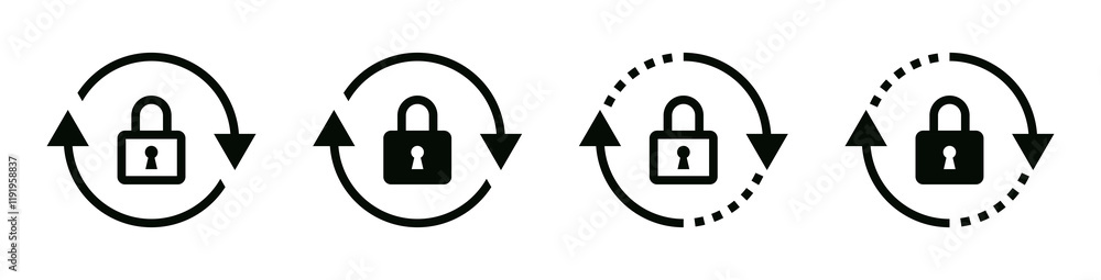 Poster reset password icon set. refresh rotate Lock icon , privacy icon , secure private security icons. rotation locked icon. update, repeat, reload padlock icon